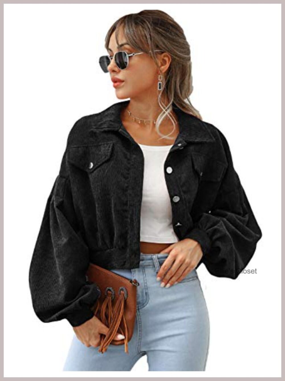 Cropped Corduroy Jacket Loose Button Down Puff Sleeve Shacket Coat
